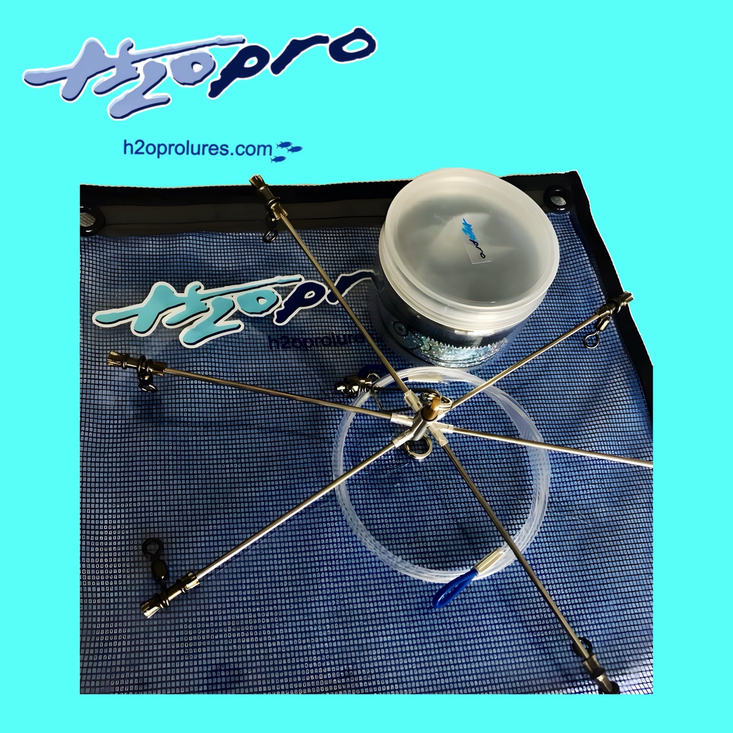 A budget compact fixed dredge with Ballyhoo teaser strips displayed on a blue bag.